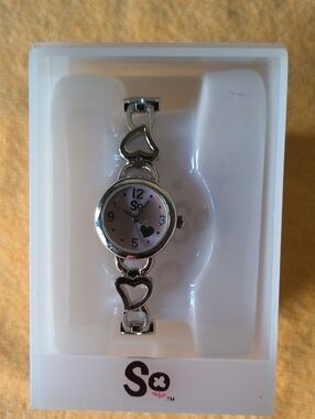 SO Silver Heart-Link Bracelet Watch with Pink Dial No Battery